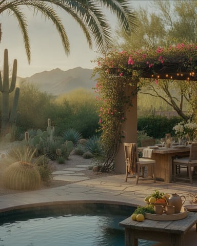 Desert patio with pool, dining table under magenta bougainvillea pergola, cacti, and mountain views