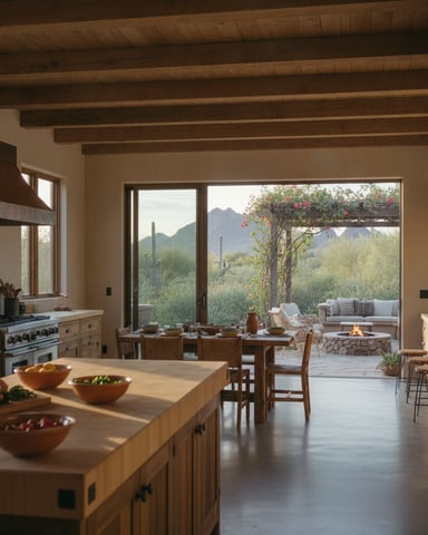 Open kitchen with wooden beams and island overlooking dining area, patio with fireplace, and desert mountain landscape beyond.
