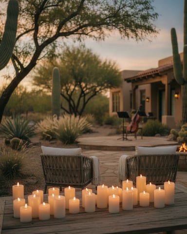 Desert patio at dusk with lit candles, woven chairs, saguaro cacti, and adobe-style house in background