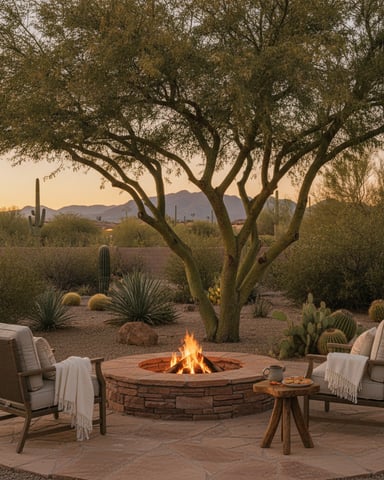 Desert patio with fire pit, two lounge chairs, and large mesquite tree at sunset with mountains in background