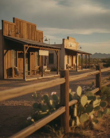Western-style wooden buildings with covered porches along a desert road, wooden fence and cacti in foreground, mountains in distance.