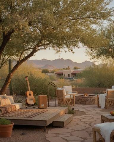 Desert patio with seating areas, fire pit, and acoustic guitar under mature trees overlooking mountains