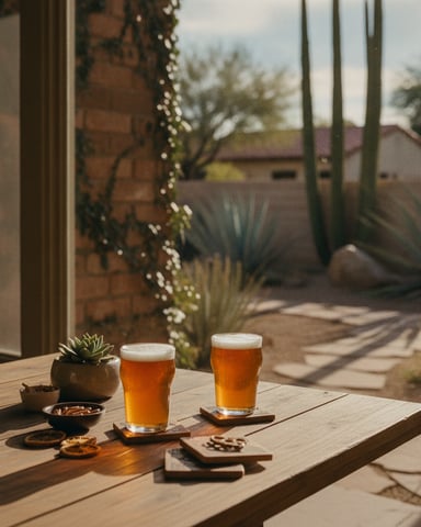 Two beers on wooden table with succulent plant and snacks, desert patio view beyond glass door