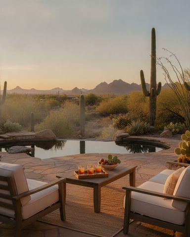 Desert patio with lounge chairs, small pool, and saguaro cacti at sunset with mountains in background