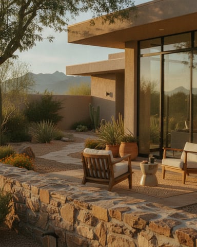 Modern desert home with stone patio, wooden lounge chairs, cacti, and mountain views