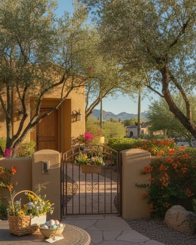 Gated courtyard with terracotta walls, flowering plants, olive trees, and mountain views beyond