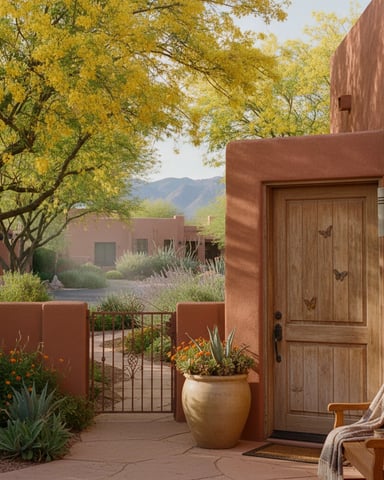 Southwestern adobe courtyard with wooden door, terra cotta walls, desert plants, and yellow flowering trees with mountains beyond
