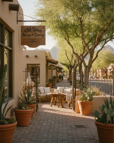 Desert town shopping arcade with wooden storefront sign, terra cotta planters, seating area, and mature trees lining the street