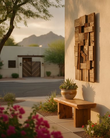 Desert courtyard with wooden bench, succulent planter, and abstract wood wall art against cream stucco