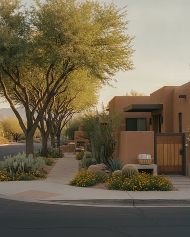Terracotta-colored modern home with desert landscaping, yellow flowering shrubs, and large shade trees lining the street.