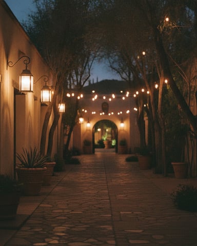 Narrow courtyard at dusk with terracotta walls, hanging lanterns, string lights, and bare trees lining both sides