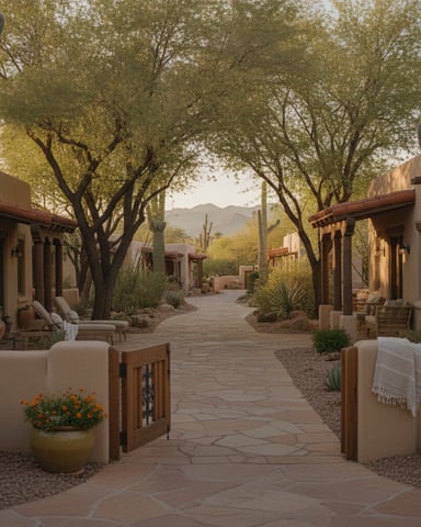 Desert courtyard with adobe buildings, mature trees, saguaro cacti, and mountain views in background