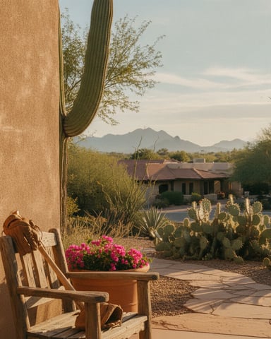 Desert patio with wooden chair, saguaro cactus, pink flowers, and distant mountains beyond neighboring home