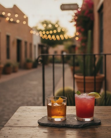 Two cocktails on a wooden table overlooking a courtyard with illuminated marquee sign and brick buildings at dusk.