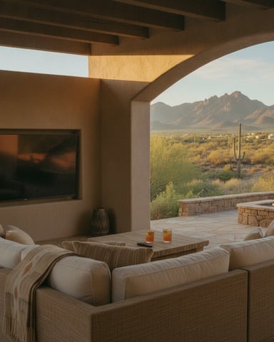Covered patio with beige seating, fireplace, and desert mountain views with saguaro cacti