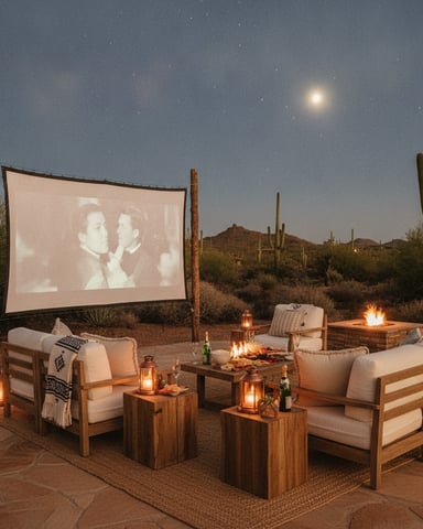 Outdoor desert lounge with wooden seating, fire pits, projection screen, and saguaro cacti under moonlit sky