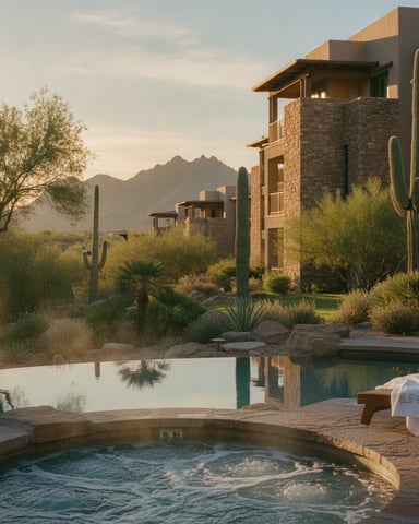 Desert resort with stone building, hot tub in foreground, pool, saguaro cacti, and mountains at sunset