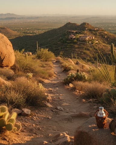 Desert hiking trail with saguaro cacti, rocky boulders, and hilltop home visible in valley below