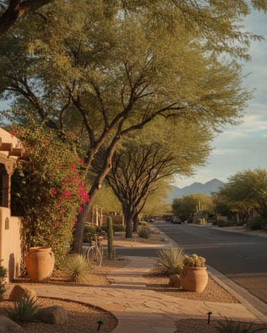 Desert street with adobe house, flowering bougainvillea, large shade trees, and mountains in distance
