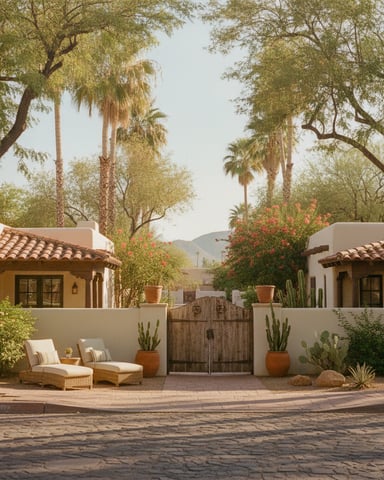 Spanish colonial-style compound with white stucco buildings, clay tile roofs, wooden gate, and desert landscaping surrounded by palm and acacia trees.