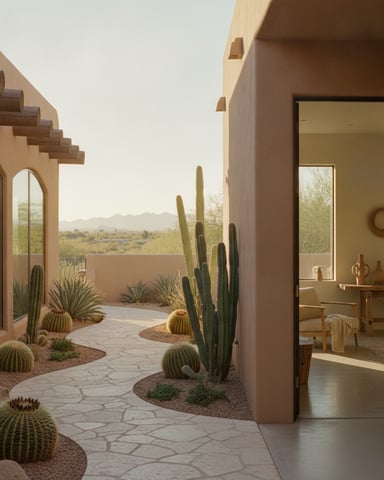 Desert courtyard with cacti, stone patio, arched windows, and interior room visible through open doorway