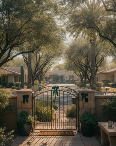 Wrought-iron gate with green bows opening to tree-lined driveway with Mediterranean-style hacienda and palm trees