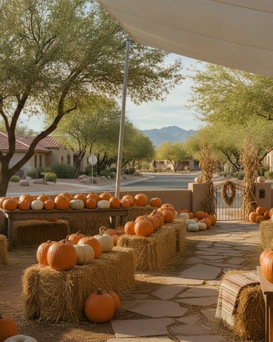 Pumpkin patch display under shade sail with hay bales, olive trees, and mountain view in desert setting