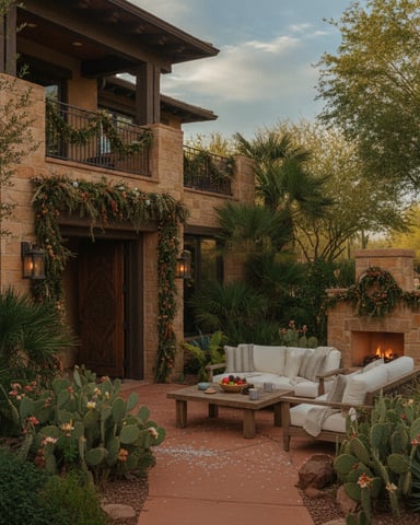 Southwestern brick home with courtyard patio, cream seating, fireplace, and desert landscaping with cacti and palm trees