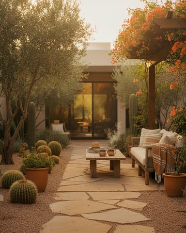 Desert courtyard with stone pathway, wooden seating, cacti, flowering vines, and modern house in background