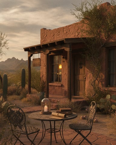 Desert adobe cottage with patio seating, cacti, and mountain view at dusk