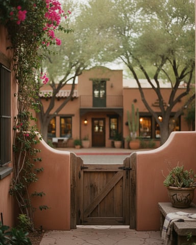 Terracotta courtyard with wooden gate, magenta bougainvillea, and adobe buildings with tree-lined courtyard beyond
