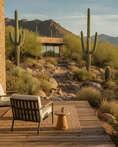 Desert patio with lounge chairs overlooking saguaro cacti, desert shrubs, and mountains in background