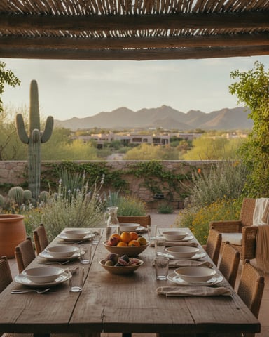 Covered patio with wooden dining table, desert plants, and mountain views in background