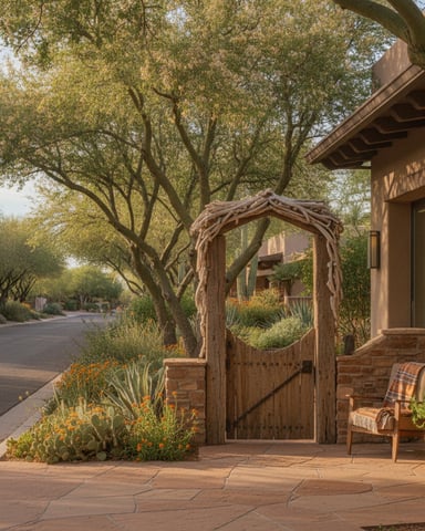 Rustic wooden gate and arbor on patio with desert landscaping and mature trees overhead