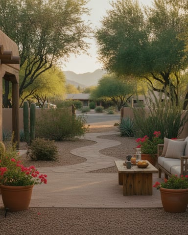 Desert courtyard with adobe buildings, seating area, potted cacti and red flowers, tree-lined pathways, and mountain views.