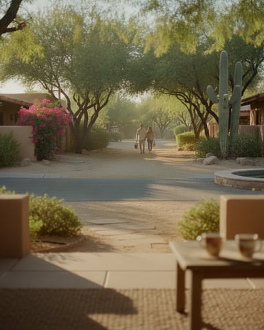 Desert courtyard with adobe buildings, mature trees, tall saguaro cactus, and two people walking on sandy path
