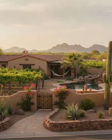 Desert villa with terracotta roof, vineyard, pool, saguaro cactus, and mountain views at sunset