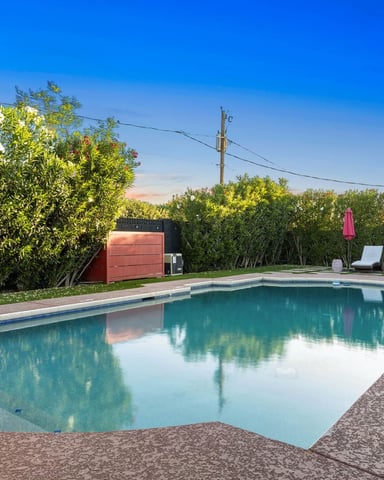 Backyard swimming pool with lounge chairs, pink umbrellas, and dense green hedges under clear blue sky