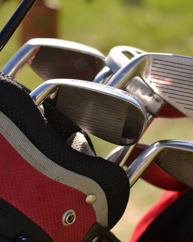 Golf clubs with metal heads and red and black headcovers in a bag on grass