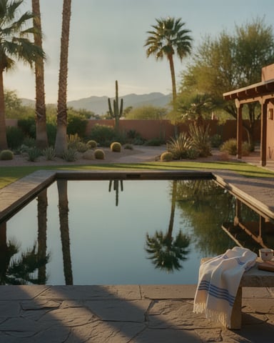 Desert resort with reflecting pool, palm trees, saguaro cactus, and adobe-style building with mountains in background