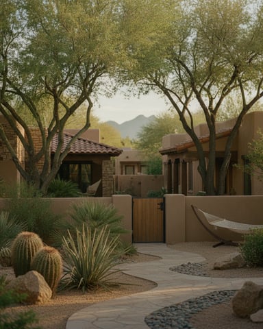Desert courtyard with saguaro cacti, palo verde trees, stone buildings, and mountain views