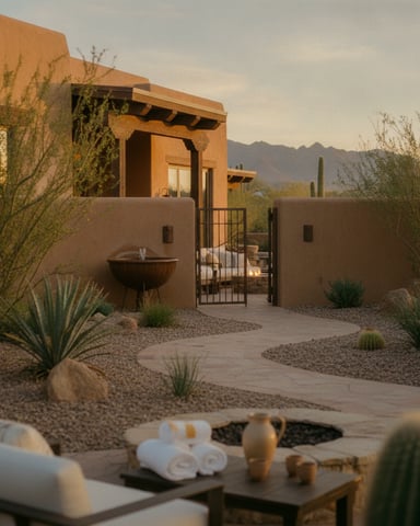 Desert courtyard with terracotta adobe house, fire pit, desert plants, and mountain views