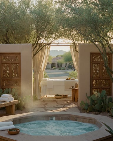 Desert spa courtyard with sunken hot tub, olive trees, carved wooden doors, and mountain view beyond