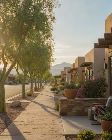 Tree-lined walkway with adobe-style homes, potted flowers, and mountain views at sunset