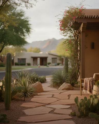 Desert patio with stone pathway, cacti, and flowering vines, mountain view beyond
