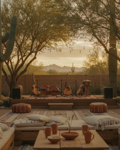 Desert courtyard with saguaro cacti, wooden stage holding guitars and drums, string lights, clay pottery, woven rugs, and cushioned seating facing mountains.