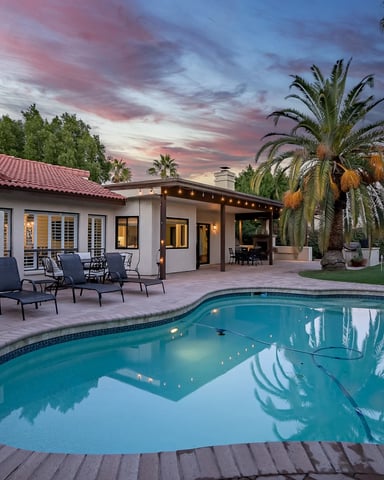 Modern home with swimming pool, lounge chairs, and palm trees at dusk with colorful sky